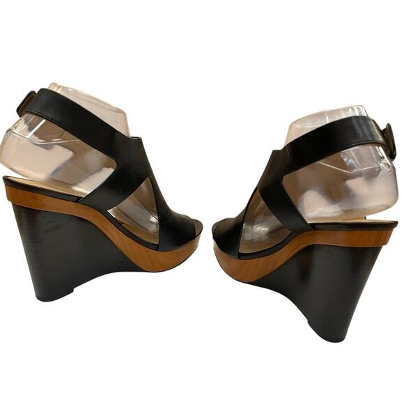 Michael Kors Josephine Wedge Sandals Size 7M Black Leather Wood Look Open Toe - Picture 5 of 12